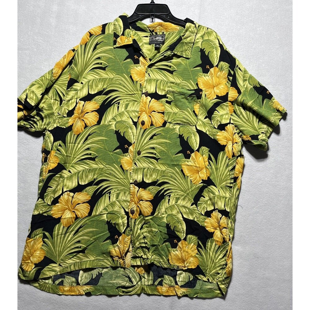 Steve & Barry’s XXL Hawaiian Shirt Tropical Hibiscus Rayon Green Black Yellow